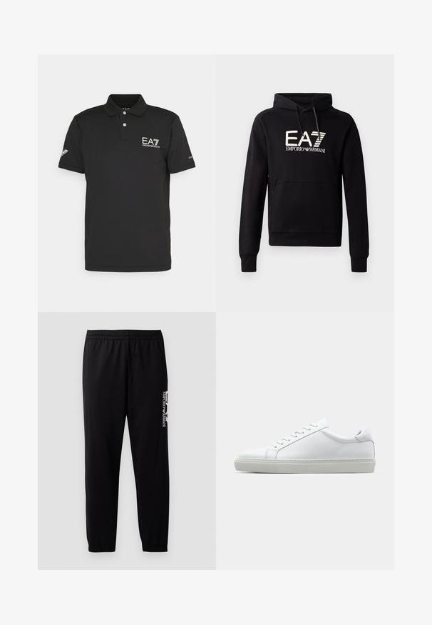 Sudadera con capucha negra y bolsillo tipo canguro, con un logo blanco de EA7 Emporio Armani destacado en el pecho. Material suave de mezcla de algodón.; Camisa polo negra de tejido suave, con una tapeta de dos botones, logo de EA7 en el pecho y un diseño ventilado en la manga.; Pantalones deportivos negros de tela suave, con una cinturilla elástica y puños, y un logotipo en contraste impreso en el lado.; Zapatilla blanca con parte superior de cuero liso y perfil bajo. Presenta una puntera redondeada, seis ojales y una suela de goma texturizada.