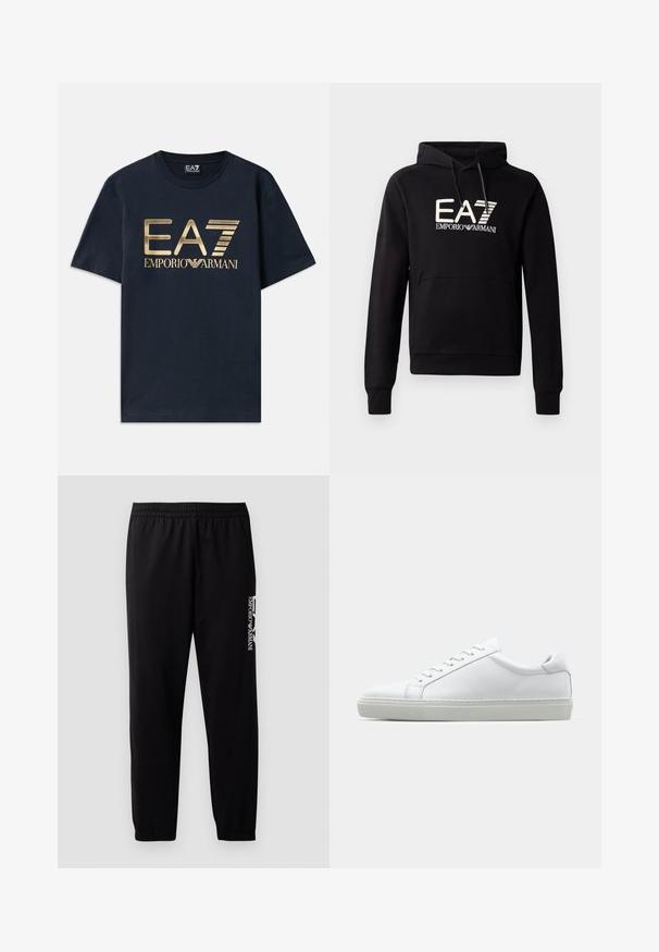 Black hooded sweatshirt with a kangaroo pocket, featuring a white EA7 Emporio Armani logo prominently on the chest. Soft cotton blend material.; Navy blue cotton t-shirt featuring a large gold printed "EA7" logo and "EMPORIO ARMANI" text at the front. Crew neck and short sleeves.; Black athletic pants made of smooth fabric, featuring an elastic waistband and cuffs, and a contrasting logo printed on the side.; White sneaker with a smooth leather upper and a low profile. Features a rounded toe, six eyelets, and a textured rubber sole.