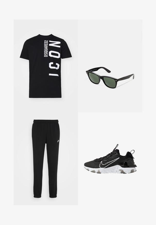 Black hoodie made of soft fabric, featuring a front kangaroo pocket, drawstring hood, ribbed cuffs, and a small white Nike logo on the chest.; Black cotton t-shirt featuring bold white text design: "DSQUARED2" vertically and "ICON" horizontally on the side. Classic round neckline.; Black sweatpants with an elastic waistband, cuffed ankles, and a small white Nike logo on the left side. Made from soft textured fabric.; Black athletic shoe with a textured fabric upper, white Nike swoosh, and thick white sole. Features a pull tab on the heel for easy wear.; Black plastic sunglasses with green lenses, square frames, silver accent on the brow, and textured temple arms. Stated brand on inner arm.