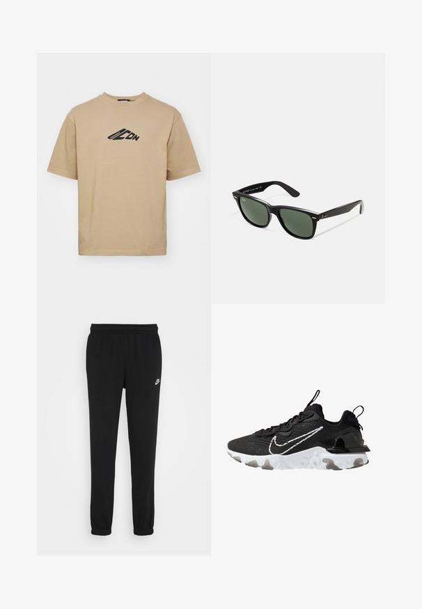 Schwarzer Kapuzenpullover aus weichem Stoff, mit einer frontalen Kängurutasche, verstellbarem Kapuzenzug, gerippten Bündchen und einem kleinen weißen Nike-Logo auf der Brust.; Beige T-Shirt aus Baumwolle mit rundem Halsausschnitt und kurzen Ärmeln. Schwarzes grafisches Design auf der Brust mit Markenbeschriftung.; Schwarze Jogginghose mit elastischem Bund, gerippten Knöcheln und einem kleinen weißen Nike-Logo auf der linken Seite. Hergestellt aus weichem Textilgewebe.; Schwarzer Sportschuh mit einem strukturierten Obermaterial aus Stoff, weißem Nike-Swoosh und dicker weißer Sohle. Verfügt über eine Zuglasche an der Ferse für einfaches An- und Ausziehen.; Schwarze Plastiksonnenbrille mit grünen Gläsern, quadratischen Rahmen, silbernem Akzent auf der Augenbraue und strukturierten Bügeln. Angegebene Marke auf dem inneren Bügel.