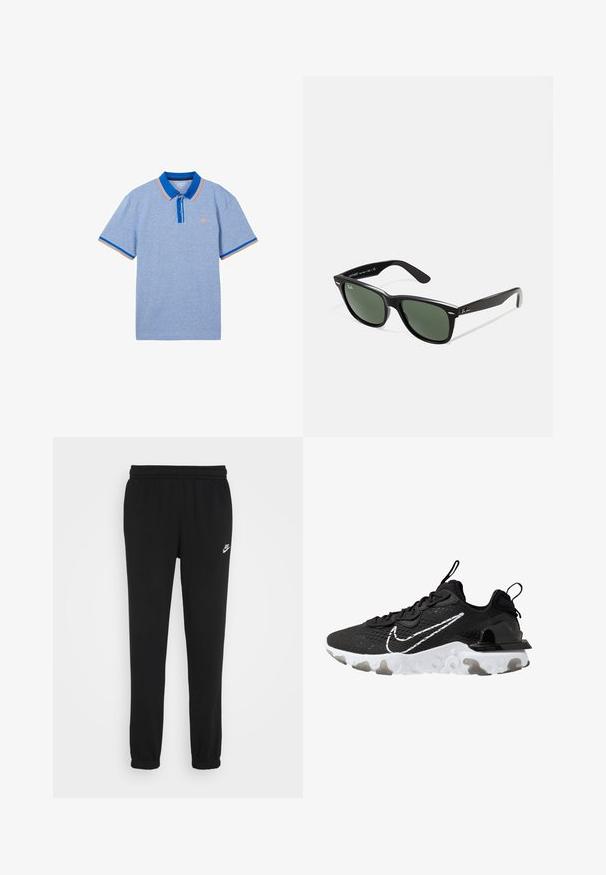 Puhaszövetből készült fekete kapucnis pulóver, elülső kenguru zsebbel, állítható kapucnival, bordás mandzsettákkal és egy kis fehér Nike logóval a mellrészen.; Világoskék, rövid ujjú pólóing, amely kontrasztos kék gallérral és narancssárga díszítéssel rendelkezik az ujjak végén. Két gombos gombolás.; Fekete sportnadrág gumis derékkal, lekerekített bokákkal és egy kis fehér Nike logóval a bal oldalon. Puha, texturált anyagból készült.; Fekete sportcipő, textúrális szövet felsőrésszel, fehér Nike pipa logóval és vastag fehér talppal. A sarkán húzófül található a könnyű felhúzás érdekében.; Fekete műanyag napszemüveg zöld lencsékkel, négyzet alakú kerettel, ezüst díszítéssel a keret felső részén, valamint texturált szárakkal. A márka neve a belső száron található.