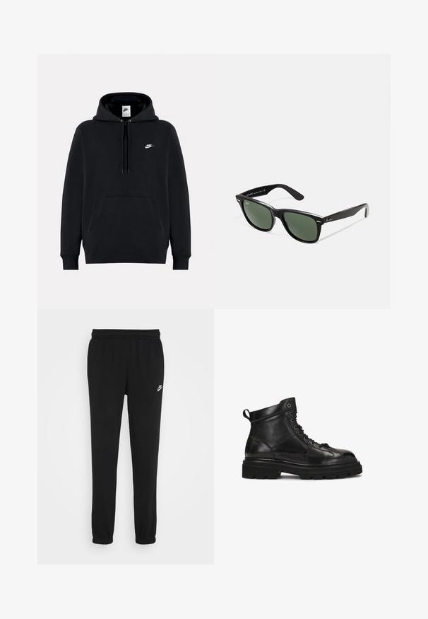 Crna dukserica od mekog materijala, s prednjim kengur džepom, kapuljačom s ušicom, rebrastim manžetama i malim bijelim Nike logotipom na grudima.; Crne trenirke s elastičnim pojasom, manžetama na gležnjevima i malim bijelim Nike logotipom s lijeve strane. Izrađene su od meke teksturirane tkanine.; Crne kožne gležnjače s teksturiranim završetkom, vezivanjem, okruglim vrhom i debelim gumenim potplatom s dubokim utorima.; Crne plastične sunčane naočale s zelenim staklima, kvadratni okviri, srebrni naglasak na obrvi i teksturirane ručke. Naziv brenda naveden na unutrašnjoj strani ručke.