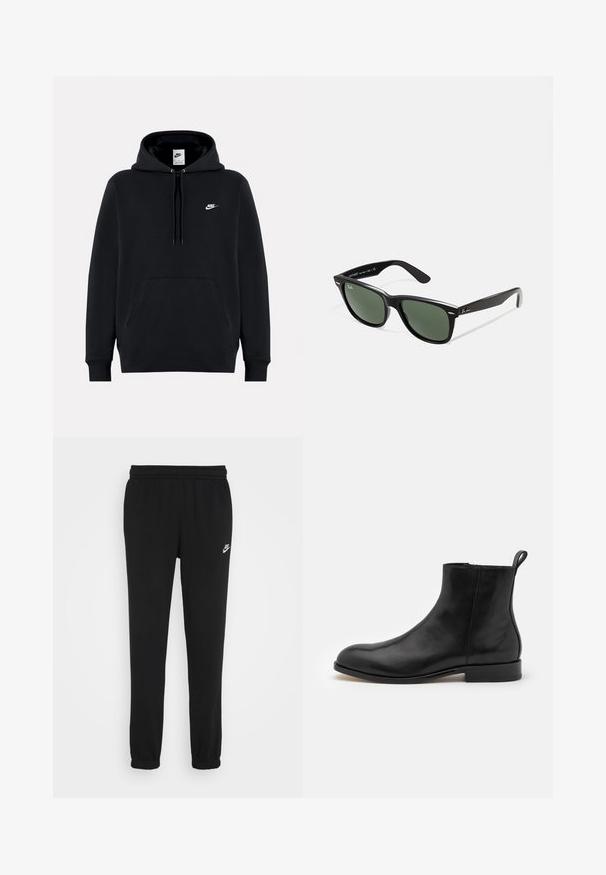 Svart hoodie i mjukt tyg med en framficka i kängurustil, dragsko i huvan, ribbade muddar och en liten vit Nike-logga på bröstet.; Svarta sweatpants med elastisk midja, muddar vid anklarna och en liten vit Nike-logotyp på vänster sida. Tillverkade av ett mjukt strukturerat material.; BOSS LIMBER - Stövletter - black; Svarta plastsolglasögon med gröna linser, fyrkantiga bågar, silverdetalj på ögonbrynet och texturerade skalmar. Angiven märkning på den inre skalmen.