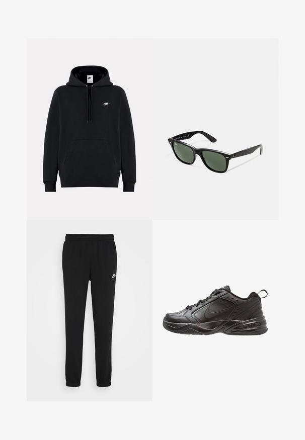 Sweatshirt preto feito de tecido suave, apresentando um bolso canguru na frente, capuz com cordão, punhos canelados e um pequeno logótipo da Nike em branco no peito.; Calças de fato de treino pretas com um cinto elástico, pernas ajustadas e um pequeno logótipo da Nike em branco no lado esquerdo. Feitas de um tecido macio texturizado.; Sapatilha atlética preta com parte superior em couro e malha. Apresenta bico redondo, fecho de cordões, colarinho acolchoado e sola texturizada para tração.; Óculos de sol de plástico preto com lentes verdes, armações quadradas, detalhe prateado na sobrancelha e hastes texturizadas. Marca indicada na parte interna da haste.