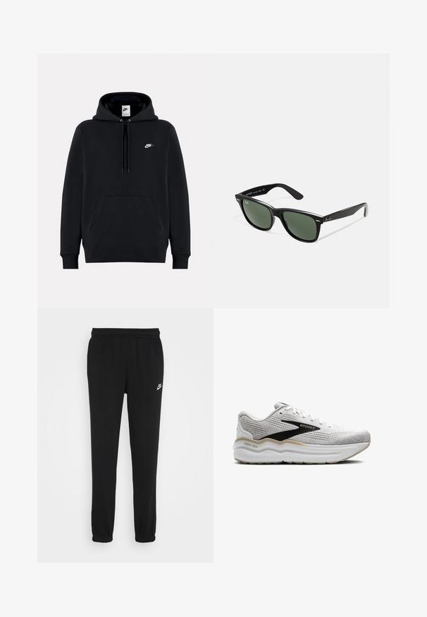 Mustapaita pehmeästä kankaasta, jossa on edessä kengurupussi, kiristettävä huppu, ribatut hihansuut ja pieni valkoinen Nike-logo rinnassa.; Mustat collegehousut, joissa on elastinen vyötärö, resoreilla varustetut lahkeet ja pieni valkoinen Nike-logo vasemmalla puolella. Valmistettu pehmeästä teksturoidusta kankaasta.; Valkoiset urheilukengät harmailla yksityiskohdilla, verkkomateriaali ylhäällä, pehmustettu välikerros ja musta brändäys. Ominaisuuksiin kuuluu pyöristetty kärki ja teksturoitu yksityiskohtaisuus.; Mustat muoviset aurinkolasit, joissa on vihreät linssit, neliönmuotoiset kehykset, hopeinen yksityiskohta kulmakarvojen kohdalla sekä tekstuuriset temppeleiden varret. Brändi ilmoitettu sisävarsissa.