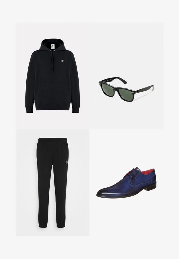 Czarny hoodie wykonany z miękkiej tkaniny, z przednią kieszenią kangurkową, kapturem z regulowanym sznurkiem, ściągaczami oraz małym białym logo Nike na klatce piersiowej.; Czarne dresy z elastycznym pasem, zwężanymi nogawkami i małym białym logo Nike po lewej stronie. Wykonane z miękkiego, teksturowanego materiału.; Niebieski skórzany but z wypolerowanym wykończeniem, zaokrąglonym noskiem i czerwonym wnętrzem. Oferuje sznurowanie z przodu oraz niski, kwadratowy obcas.; Czarne plastikowe okulary przeciwsłoneczne z zielonymi szkłami, kwadratowe oprawki, srebrny akcent na brwi oraz fakturowane ramiona temple. Nazwa marki podana na wewnętrznej stronie ramion.