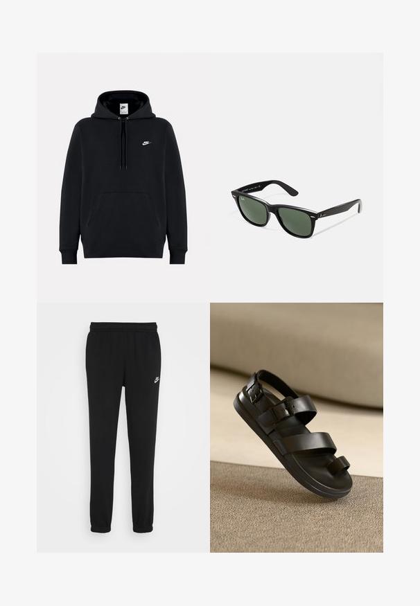 Mustapaita pehmeästä kankaasta, jossa on edessä kengurupussi, kiristettävä huppu, ribatut hihansuut ja pieni valkoinen Nike-logo rinnassa.; Mustat collegehousut, joissa on elastinen vyötärö, resoreilla varustetut lahkeet ja pieni valkoinen Nike-logo vasemmalla puolella. Valmistettu pehmeästä teksturoidusta kankaasta.; Mustat sandaalit, joissa on kolme leveää hihnaa, solkikoristeet ja tasapohja. Valmistettu sileästä materiaalista, jossa on mattapinta.; Mustat muoviset aurinkolasit, joissa on vihreät linssit, neliönmuotoiset kehykset, hopeinen yksityiskohta kulmakarvojen kohdalla sekä tekstuuriset temppeleiden varret. Brändi ilmoitettu sisävarsissa.