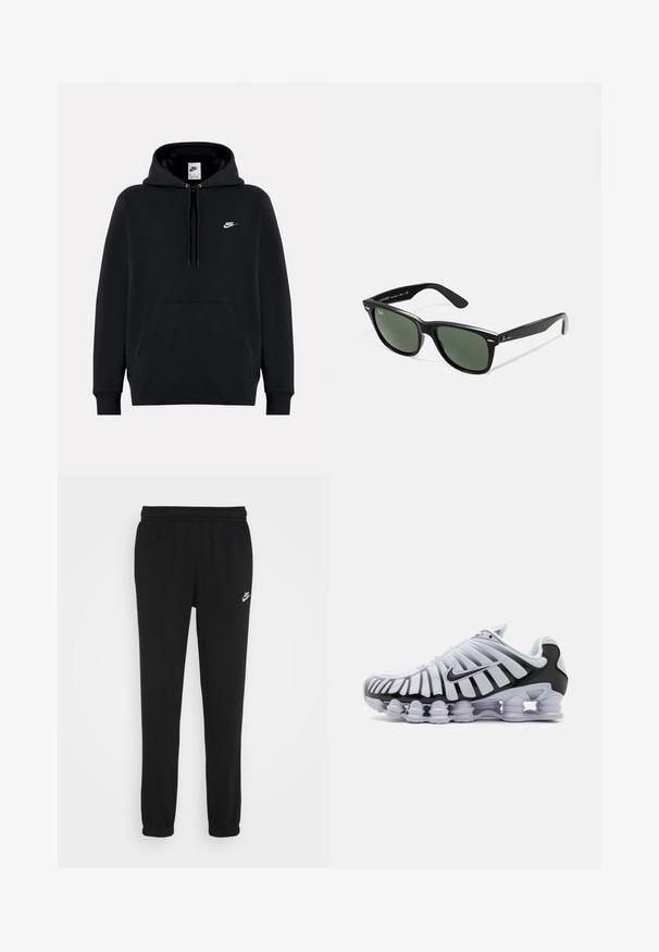 Svart hoodie i mjukt tyg med en framficka i kängurustil, dragsko i huvan, ribbade muddar och en liten vit Nike-logga på bröstet.; Svarta sweatpants med elastisk midja, muddar vid anklarna och en liten vit Nike-logotyp på vänster sida. Tillverkade av ett mjukt strukturerat material.; Vit atletisk sko med svart accent och genomskinlig sula. Har lager av nät och syntetiska material, samt en distinkt vågig design.; Svarta plastsolglasögon med gröna linser, fyrkantiga bågar, silverdetalj på ögonbrynet och texturerade skalmar. Angiven märkning på den inre skalmen.
