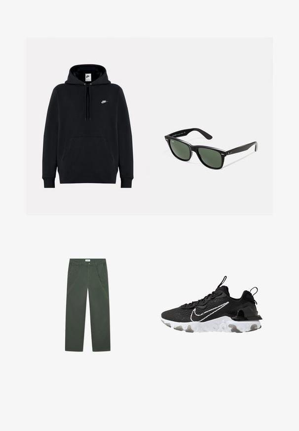 Svart hettegenser laget av mykt stoff, med en frontlomme, snor til hetten, ribbede ermer og en liten hvit Nike-logo på brystet.; Mørkegrønne bomullsbukser med rett ben-design, frontlommer og knappelukking i livet. Jevn tekstur, uten mønster.; Svart idrettssko med et teksturert stoffoverdel, hvit Nike swoosh og tykk hvit såle. Har en trekkstropp på hælen for enkel påkledning.; Sorte plast-solbriller med grønne linser, firkantede rammer, sølvdetalje på brynene, og teksturerte stangarmen. Angitt merke på indre arm.
