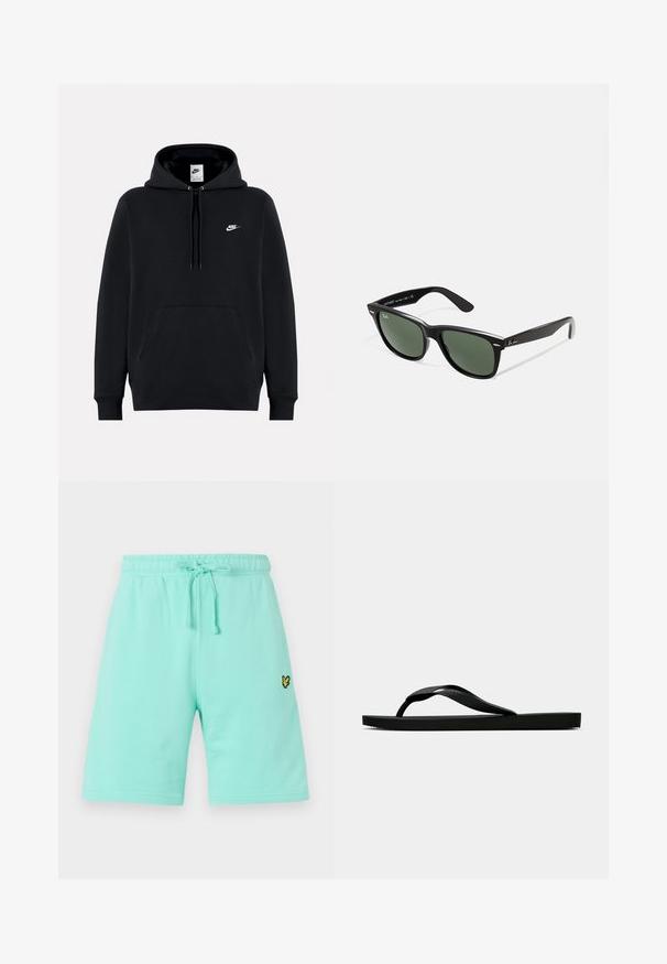 Černá mikina s kapucí vyrobená z měkkého materiálu, s přední klokaní kapsou, nastavitelnou kapucí, žebrovanými manžetami a malým bílým logem Nike na hrudi.; Světle mátové bavlněné šortky s elastickým pasem a nastavitelnou šňůrkou, na přední straně s malým černým a žlutým logem.; Černé gumové žabky s texturovaným páskem a jednoduchou plochou podrážkou, zobrazené z boku na světlém pozadí.; Černé plastové sluneční brýle se zelenými skly, čtvercové obroučky, stříbrný detail na obočí a texturované stranice. Značka uvedená na vnitřní straně stranic.