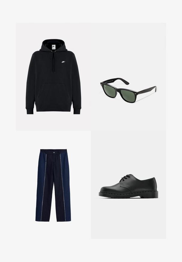 Sudadera negra hecha de una tela suave, con un bolsillo tipo canguro en el frente, capucha con cordón, puños acanalados y un pequeño logo blanco de Nike en el pecho.; Pantalones de mezclilla con corte de pierna ancha, que cuentan con paneles en azul oscuro en contraste y costuras blancas a lo largo de los lados. Cierre frontal con botón.; Zapato oxford de cuero negro con diseño de cordones, punta redonda, suela de goma plana y un sutil detalle de costura en la parte superior.; Gafas de sol de plástico negro con lentes verdes, montura cuadrada, acento plateado en la ceja y brazos texturizados. Marca indicada en el brazo interno.