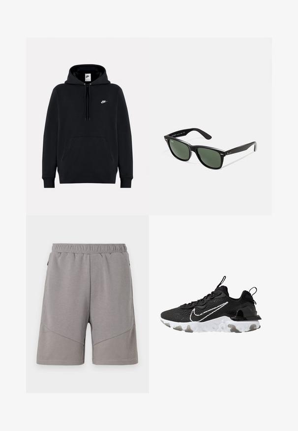 Must musta, mis on valmistatud pehmest kangast, eesmine tasku, reguleeritav kapuuts, soonikkoes varrukad ja väike valge Nike logo rinnal.; Hallid spordilühikesed püksid elastse vöökoha ja tekstuuriga alumise paneeliga ning siledast ülemisest osast.; Mustad mustats spordijalatsid tekstureeritud kangast ülemise osaga, valge Nike swoosh ja paks valge tald. Varustatud tõmbenööriga kannal, et neid oleks lihtne jalga panna.; Mustad mustan plastiku prillid roheliste läätsedega, ruudukujulised raamid, hõbedane aksent kulmude peal ja tekstuuriga tempelkäed. Brändi nimi on märgitud sisevarrele.
