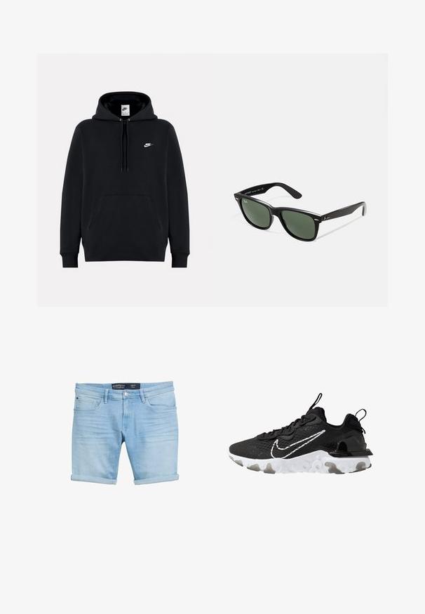 Črna kapuca iz mehkega blaga, z velikim žepom na sprednji strani, kapuco z vrvico, ribastimi manšeti in majhnim belim logotipom Nike na prsih.; Svetlo modri jeans šortki z zavihanim robom, ki imajo pet žepov in zapiranje na gumb, izdelani iz gladkega, rahlo poškodovanega blaga.; Črne atletske čevlje z teksturiranim zgornjim delom iz blaga, belim Nike žigom in debelim belim podplatom. Imajo tudi zanko na peti za lažje obuvanje.; Črne plastične sončna očala z zelenimi lečami, kvadratni okvirji, srebrni detajl na obrvi in teksturirani ročaji. Blagovna znamka navedena na notranji strani ročaja.