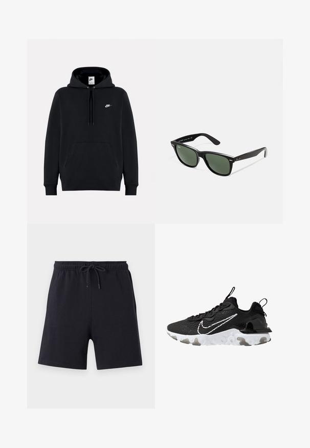 Czarny hoodie wykonany z miękkiej tkaniny, z przednią kieszenią kangurkową, kapturem z regulowanym sznurkiem, ściągaczami oraz małym białym logo Nike na klatce piersiowej.; Czarne bawełniane szorty z elastyczną talią i sznurkiem, o prostym wzornictwie i gładkiej fakturze.; Czarne buty sportowe z teksturowaną cholewką, białym logo Nike i grubą białą podeszwą. Wyposażone są w uchwyt na pięcie ułatwiający zakładanie.; Czarne plastikowe okulary przeciwsłoneczne z zielonymi szkłami, kwadratowe oprawki, srebrny akcent na brwi oraz fakturowane ramiona temple. Nazwa marki podana na wewnętrznej stronie ramion.