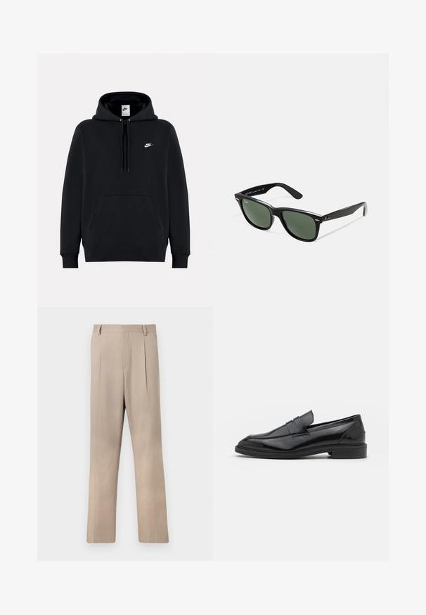 Sudadera negra hecha de una tela suave, con un bolsillo tipo canguro en el frente, capucha con cordón, puños acanalados y un pequeño logo blanco de Nike en el pecho.; Pantalones ajustados de color beige claro con un diseño de pierna recta, que presentan una textura suave y pliegues frontales para un detalle adicional.; Mocasines de cuero negro con un acabado suave, que presentan una punta redondeada y una banda estrecha en la parte superior. Tacón bajo apilado.; Gafas de sol de plástico negro con lentes verdes, montura cuadrada, acento plateado en la ceja y brazos texturizados. Marca indicada en el brazo interno.