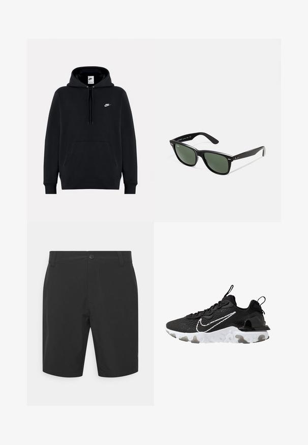Svart hoodie i mjukt tyg med en framficka i kängurustil, dragsko i huvan, ribbade muddar och en liten vit Nike-logga på bröstet.; Svarta shorts i lättviktsmaterial, med knappstängning, slät front och sidofickor. Slät yta och lengd över knäet.; Svart sportskor med övre del i texturerad tyg, vit Nike-swoosh och tjock vit sula. Har en dragflik på hälen för enkel påtagning.; Svarta plastsolglasögon med gröna linser, fyrkantiga bågar, silverdetalj på ögonbrynet och texturerade skalmar. Angiven märkning på den inre skalmen.