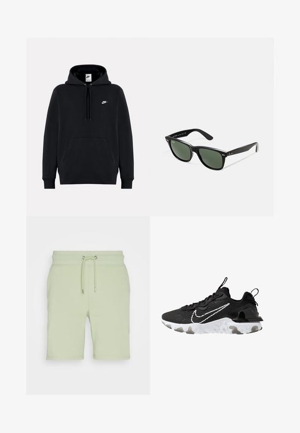 Schwarzer Kapuzenpullover aus weichem Stoff, mit einer frontalen Kängurutasche, verstellbarem Kapuzenzug, gerippten Bündchen und einem kleinen weißen Nike-Logo auf der Brust.; GANT REG SHIELD - Jogginghose - milky matcha; Schwarzer Sportschuh mit einem strukturierten Obermaterial aus Stoff, weißem Nike-Swoosh und dicker weißer Sohle. Verfügt über eine Zuglasche an der Ferse für einfaches An- und Ausziehen.; Schwarze Plastiksonnenbrille mit grünen Gläsern, quadratischen Rahmen, silbernem Akzent auf der Augenbraue und strukturierten Bügeln. Angegebene Marke auf dem inneren Bügel.