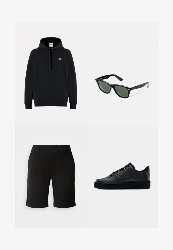 Hanorac negru dintr-un material moale, având un buzunar tip kangaroo în față, cordon pentru glugă, mansete ribbate și un mic logo alb Nike pe piept.; Shorts negri dintr-un material moale, cu un design croitorie, prezentând o închidere cu buton în față și două buzunare laterale. Bresa este puțin ridicată.; Adidașii negri Nike Air Force 1 cu un exterior din piele netedă, vârf perforat pentru respirabilitate, șireturi negre și o talpă din cauciuc texturată.; Ochelari de soare din plastic negru cu lentile verzi, rame pătrate, accent argintiu pe sprânceană și brațe texturate. Marca este menționată pe brațul interior.