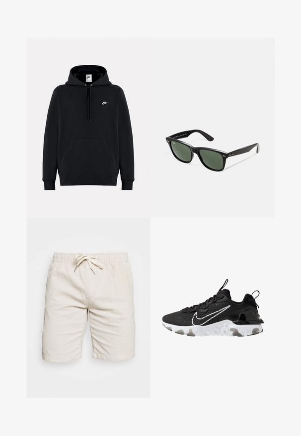 Black hoodie made of soft fabric, featuring a front kangaroo pocket, drawstring hood, ribbed cuffs, and a small white Nike logo on the chest.; Beige shorts made of lightweight fabric with an elastic waistband and drawstring. Features two side pockets and a textured surface.; Black athletic shoe with a textured fabric upper, white Nike swoosh, and thick white sole. Features a pull tab on the heel for easy wear.; Black plastic sunglasses with green lenses, square frames, silver accent on the brow, and textured temple arms. Stated brand on inner arm.