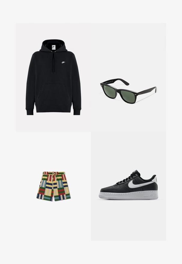 Black hoodie made of soft fabric, featuring a front kangaroo pocket, drawstring hood, ribbed cuffs, and a small white Nike logo on the chest.; Thinking Mu HENRY - Swimming shorts - pale yellow; Black leather sneaker with textured surface, white Nike swoosh, gray sole, round toe, and lace-up design. Features perforations on toe box.; Black plastic sunglasses with green lenses, square frames, silver accent on the brow, and textured temple arms. Stated brand on inner arm.