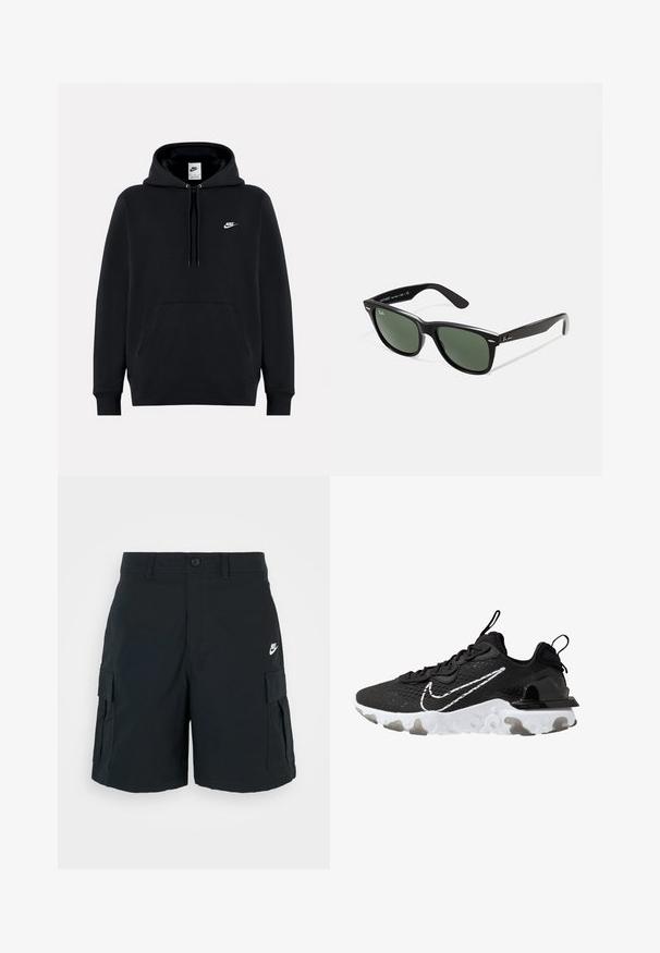 Puhaszövetből készült fekete kapucnis pulóver, elülső kenguru zsebbel, állítható kapucnival, bordás mandzsettákkal és egy kis fehér Nike logóval a mellrészen.; Fekete cargo sort könnyű anyagból, két oldalsó zsebbel, egy fedeles zsebbel és egy kis fehér logóval a combon.; Fekete sportcipő, textúrális szövet felsőrésszel, fehér Nike pipa logóval és vastag fehér talppal. A sarkán húzófül található a könnyű felhúzás érdekében.; Fekete műanyag napszemüveg zöld lencsékkel, négyzet alakú kerettel, ezüst díszítéssel a keret felső részén, valamint texturált szárakkal. A márka neve a belső száron található.