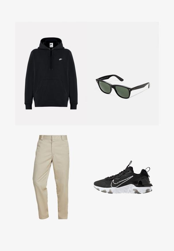 Felpa nera con cappuccio realizzata in tessuto morbido, dotata di una tasca a marsupio frontale, cappuccio con cordoncino, polsini a costine e un piccolo logo Nike bianco sul petto.; Carhartt WIP MASTER PANT - Pantaloni - wall rinsed; Scarpa sportiva nera con tomaia in tessuto testurizzato, il logo Nike bianco e una suola spessa bianca. Presenta un occhiello sul tallone per indossarla facilmente.; Occhiali da sole in plastica nera con lenti verdi, montatura quadrata, dettaglio argento sulla parte superiore e steli con texture. Marchio indicato sulla parte interna dello stelo.