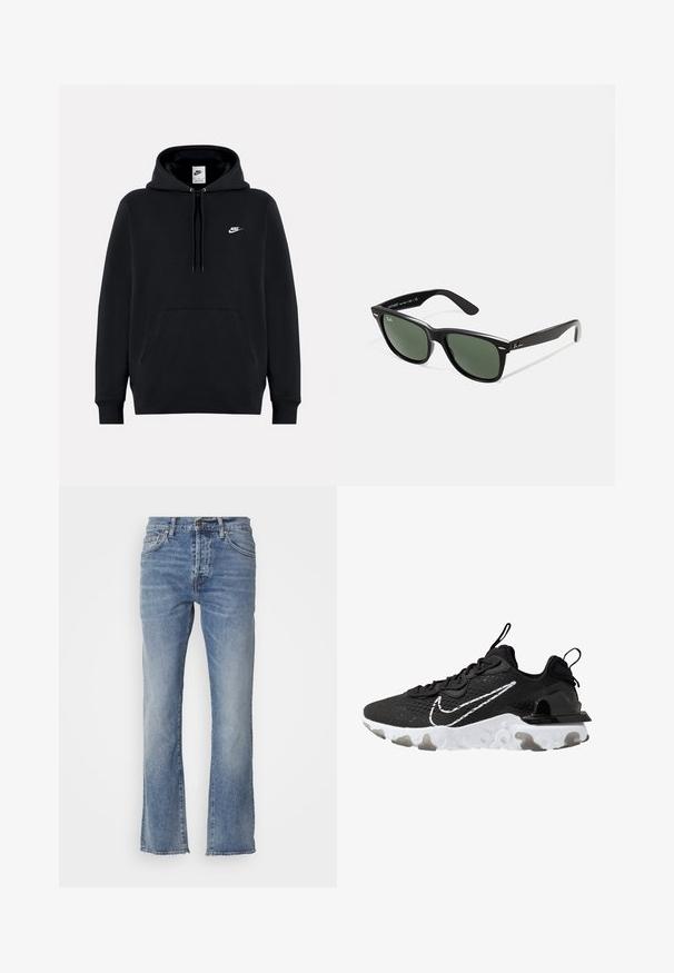 Sweatshirt preto feito de tecido suave, apresentando um bolso canguru na frente, capuz com cordão, punhos canelados e um pequeno logótipo da Nike em branco no peito.; Jeans de ganga azul claro com um design de perna reta, apresentando cinco bolsos e um pequeno botão de metal na cintura. Detalhe de bainha desfiada.; Sapatilha atlética preta com um cabedal de tecido texturizado, swoosh branco da Nike e sola branca espessa. Apresenta uma alça no calcanhar para facilitar o calçar.; Óculos de sol de plástico preto com lentes verdes, armações quadradas, detalhe prateado na sobrancelha e hastes texturizadas. Marca indicada na parte interna da haste.