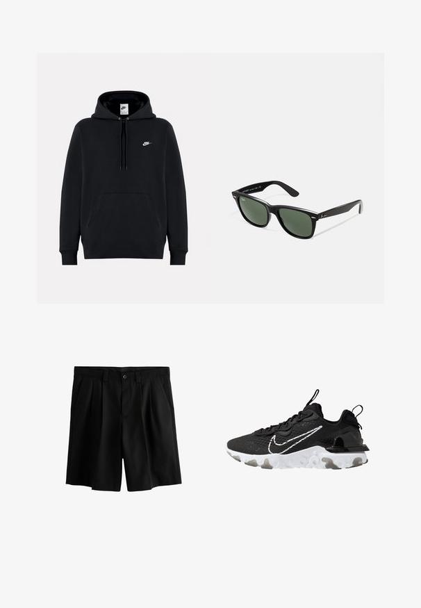 Felpa nera con cappuccio realizzata in tessuto morbido, dotata di una tasca a marsupio frontale, cappuccio con cordoncino, polsini a costine e un piccolo logo Nike bianco sul petto.; Pantaloni neri corti con un design plissettato, chiusura con bottone e una texture liscia. La cintura include passanti per la cintura per uno stile aggiuntivo.; Scarpa sportiva nera con tomaia in tessuto testurizzato, il logo Nike bianco e una suola spessa bianca. Presenta un occhiello sul tallone per indossarla facilmente.; Occhiali da sole in plastica nera con lenti verdi, montatura quadrata, dettaglio argento sulla parte superiore e steli con texture. Marchio indicato sulla parte interna dello stelo.