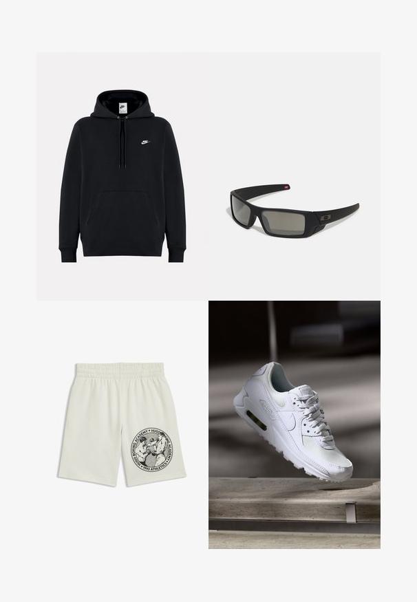 Schwarzer Kapuzenpullover aus weichem Stoff, mit einer frontalen Kängurutasche, verstellbarem Kapuzenzug, gerippten Bündchen und einem kleinen weißen Nike-Logo auf der Brust.; Cremfarbene Shorts mit elastischem Bund, die eine schwarze Grafik von zwei Boxern und den Text "Hugo Boxing Academy 1993 Athletics" am Bein zeigen.; Weiße Nike Air Max 90 Sneaker mit einem Obermaterial aus Mesh und Leder, durchlässigem Zehenbereich und einer sichtbaren Air-Einheit in der Ferse.; Schwarze Sonnenbrille mit matter Oberfläche, rechteckigen Gläsern, leichtem Bogen an den Schläfen, dezentem Logo-Detail und rauchgetönten Gläsern.