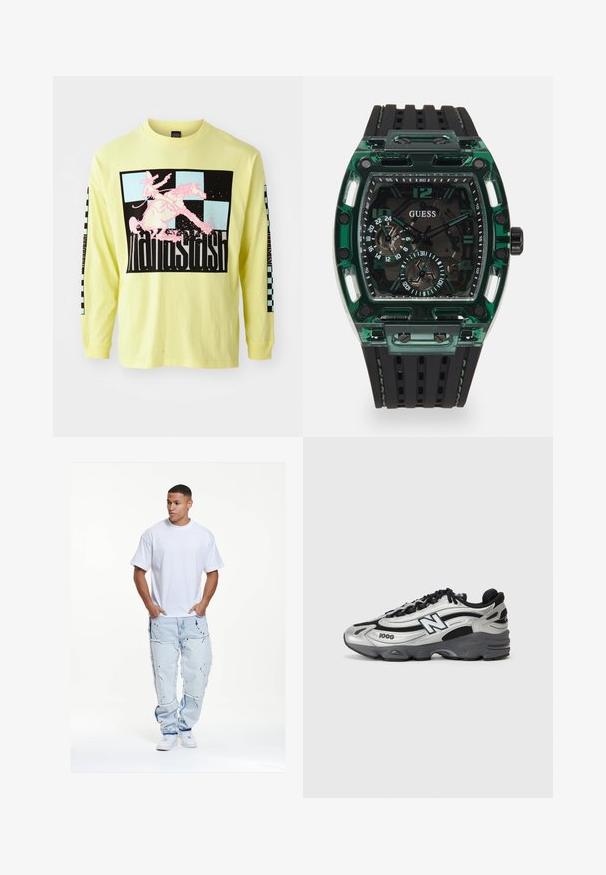 Ruskea maastokuvioinen collegepaita, jossa on pyöreä kaula-aukko, pitkät hihansuut ja ribbaatut hihansuut, valmistettu pehmeästä, teksturoituvasta kankaasta.; Pitkähihaine, kirkkaan keltainen puuvillapaita, jossa on suuri musta grafiikka vaaleanpunaisesta cowboysta hevosen selässä ja ruutukuosiset hihat.; Valkoinen puuvillapaita, löysähkö malli, yhdistettynä vaaleansinisiin kulutettuihin farkkuihin, joissa on risat reunat ja mustia maalisirokkeita.; Hopeanväriset ja mustat urheilukengät, joissa on verkkosynteettinen päällinen, pehmustettu pohja, nauhakiinnitys ja sivupainatus.; Guess-kellossa on suorakulmainen vihreä muovikotelo, musta teksturoidusta kumihihna ja useita kellotauluja, joissa on rohkeat numerot ja korostukset.