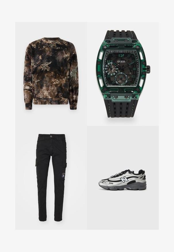 Hnedý mikina s kamuflážnym vzorom, okrúhlym výstrihom, dlhými rukávmi a rebrovanými manžetami, vyrobená z mäkkej, štruktúrovanej tkaniny.; Čierne nohavice typu cargo vyrobené z bavlny so slim fit, s viacerými bočnými vreckami, zipsom na prednej strane a nášivkou na ľavom stehne.; Strieborné a čierne športové topánky s priedušným zvrškom, polstrovanou podrážkou, šnurovaním a bočným logom.; Hodinky Guess s obdĺžnikovým zeleným plastovým puzdrom, čiernym textúrovaným gumovým remienkom a viacerými ciferníkmi s tučnými číslami a akcentmi.