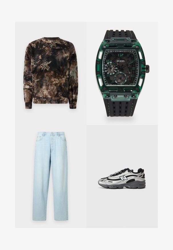 Pruun kamuflaažimustriga sviiter, millel on ümmargune kaelus, pikad varrukad ja soonikkoes mansetid, valminud pehmest tekstuurilisest kangast.; Heledad sinine, kõrge vöökohaga teksapüksid sirgete jalgade lõikega, valmistatud denimist, viie tasku ja ees oleva nööbiga. ; Hõbedased ja mustad spordijalatsid, millel on võrgusilma ülemine osa, pehmendusega põhi, sidumisdisain ja külgjälje detail.; Guessi kellal, millel on ristkülikuline roheline plastikust korpus, must tekstuuriga kummirihm ning mitmed dials julgete numbrite ja aktsentidega.
