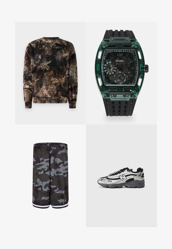 Brūns kamuflāžas raksta sporta krekls ar apaļu kaklu, garām piedurknēm un ribinātiem apkakles galiem, izgatavots no mīksta, teksturēta auduma.; Karaklu tekstūras šorti, galvenokārt pelēki ar tumši zaļiem akcentiem, ar elastīgu jostu un baltu svītru detaļām apakšmalā.; Sudraba un melni sporta apavi ar acs auduma augšdaļu, mīkstinātu zoli, auklu dizainu un sānu zīmola detalizāciju.; Guess pulkstenis ar taisnstūra formas zaļu plastmasas korpusu, melnu teksturētu gumijas siksnu un vairākiem ciparnīcām ar izteiksmīgiem skaitļiem un akcentiem.