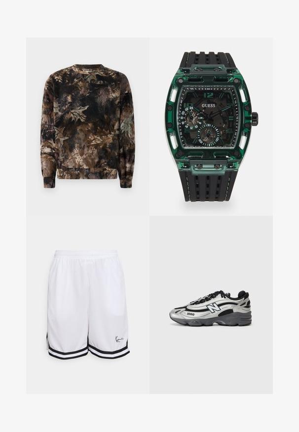 Brun camouflage-mønstret sweatshirt med rund hals, lange ærmer og ribbede manchetter, lavet af blødt, tekstureret stof.; Hvide atletiske shorts lavet af letvægtsstof, med en sort stribet kant og et signaturlogo på den nederste venstre side.; Sølv- og sorte atletiske sko med mesh-overdel, polstret sål, snørebåndsdesign og brandingdetalje på siden.; Guess ur med en rektangulær grøn plastikramme, sort tekstureret gummirem og flere skiver med fedte tal og accenter.