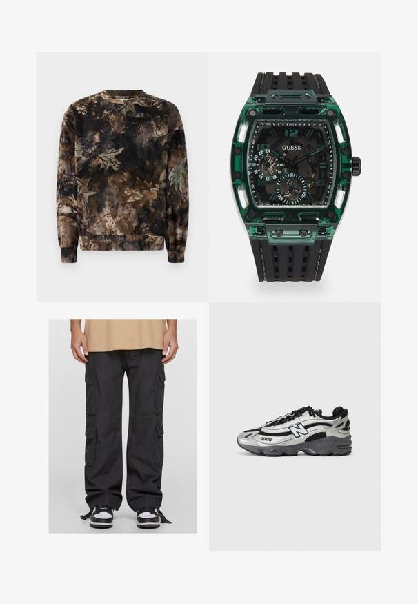 Brun sweatshirt med kamouflage-mönster, rundad hals, långa ärmar och ribbade muddar, tillverkad av mjukt, strukturerat tyg.; Svarta cargobyxor i bomull med flera sidofickor, lös passform och justerbara snörningar vid anklarna. Matchas med svarta och vita sneakers.; Silvriga och svarta träningsskor med en meshtopp, dämpad sula, snörningsdesign och sidobrandsdetalj.; Guess-klocka med en rektangulär grön plastkapsel, svart texturerad gummiband och flera urtavlor med tydliga siffror och accenter.