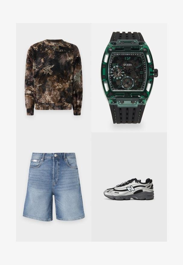 Barna kamuflázsmintás pulóver kerek nyakkal, hosszú ujjakkal és bordás mandzsettával, puha, texturált anyagból készült.; Világoskék farmer sort, klasszikus szabással, öt zsebes kivitelben és kontrasztos varrással. Az anyag sima és enyhe kopással rendelkezik.; Ezüst és fekete sportcipők, hálós felsőrésszel, párnázott talppal, fűzős kialakítással és oldalsó márkázással.; Guess óra, téglalap alakú zöld műanyag házzal, fekete texturált gumipánttal, és számos tárcsával, amelyek karakteres számokkal és kiemelésekkel rendelkeznek.
