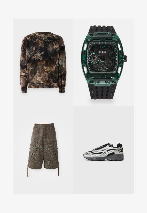 Smeđi dukserica s kamuflažnim uzorkom, s okruglim izrezom, dugim rukavima i rebrastim manžetama, izrađena od mekog, teksturiranog materijala.; Kamuflažne cargo kratke hlače u zelenoj i smešnoj boji s uzorkom leoparda, koje imaju više džepova, podesive vezice i ojačane šavove.; Siva i crna atletska obuća s mrežastim gornjim dijelom, mekanim potplatom, vezanjem i detaljem brendiranja sa strane.; Guess sat s pravokutnim zelenim plastičnim kućištem, crnim teksturiranim gumenim narukvicom i više brojčanika s izraženim brojevima i naglascima.