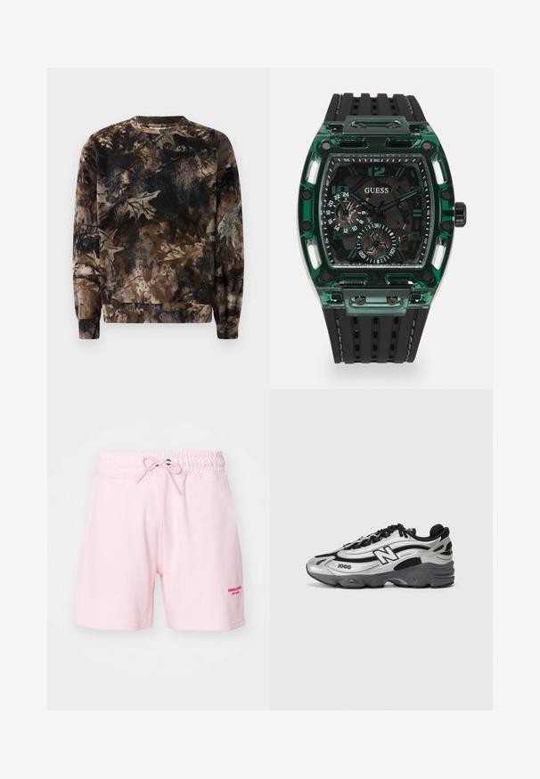 Svetra s kamuflažnim vzorcem v rjavi barvi, s krožnim izrezom, dolgimi rokavi in rebrastimi manšeti, izdelana iz mehkega, strukturiranega blaga.; Svetlo roza bombažne kratke hlače z elastičnim pasom in vrvico. Na sprednjem desnem delu so izvezeni napisi v temnejši roza barvi.; Srebrni in črni športni čevlji z mrežastim zgornjim delom, oblazinjeno podplatom, vezanjem in podrobnostmi blagovne znamke na strani.; Ura Guess z značilnim pravokotnim zelenim plastičnim ohišjem, črnimi teksturiranimi gumijastimi trakovi in več prikazovalniki z izrazitimi številkami in akcenti.