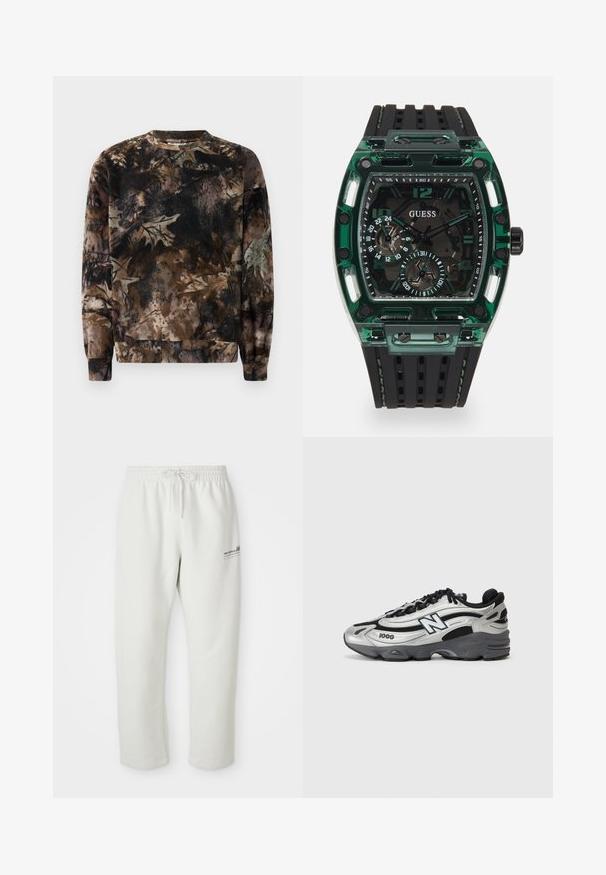 Braun camouflage-musterter Pullover mit Rundhalsausschnitt, langen Ärmeln und gerippten Bündchen, gefertigt aus weichem, strukturiertem Stoff.; Hellgraue Sweatpants aus weichem Stoff, mit einem elastischen Bund und Zugband sowie einem kleinen Logodetail am linken Oberschenkel.; Silberne und schwarze Sportschuhe mit einem Obermaterial aus Netzgewebe, gepolstertem Sohlendesign, Schnürverschluss und seitlichem Branding-Detail.; Guess-Uhr mit einem rechteckigen grünen Kunststoffgehäuse, schwarzem strukturiertem Gummiband und mehreren Zifferblättern mit großen Zahlen und Akzenten.