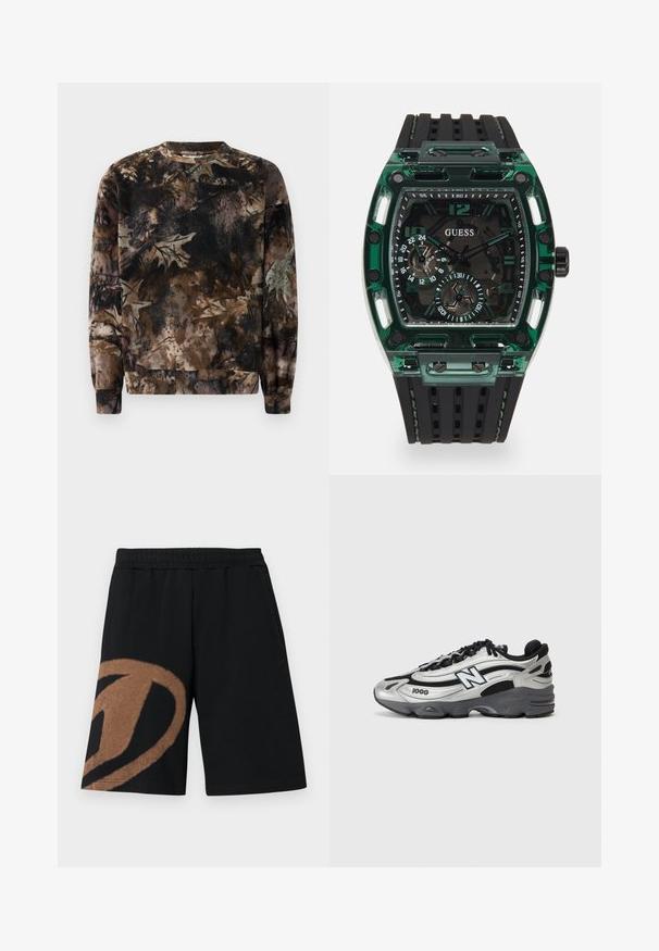 Sudadera marrón con patrón de camuflaje, con cuello redondo, mangas largas y puños acanalados, hecha de una suave tela texturizada.; Pantalones cortos negros con cintura elástica y un gran diseño abstracto marrón en la pierna izquierda, con bolsillos laterales.; Zapatillas deportivas plateadas y negras con parte superior de malla, suela acolchada, diseño de cordones y detalle de marca en el costado.; Reloj Guess con caja rectangular de plástico verde, correa de goma texturizada negra y múltiples esferas con números y acentos en negrita.