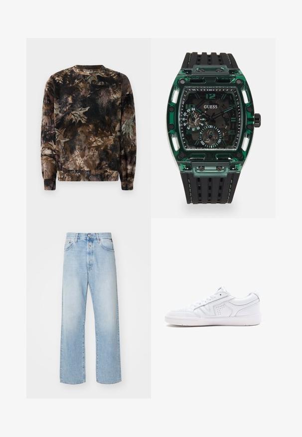 Brūns kamuflāžas raksta sporta krekls ar apaļu kaklu, garām piedurknēm un ribinātiem apkakles galiem, izgatavots no mīksta, teksturēta auduma.; Gaiši zili džinsi ar brīvu piegriezumu, ar augstu vidukli, piecu kabatu dizainu un taisnām kājām. Redzama nolietota tekstūra.; Balta ādas tenisa apavi ar zemu profilu, ovāla forma, perforēta apdare un teksturēts zolīte. Iekļautas auklas un smalki šuvumi.; Guess pulkstenis ar taisnstūra formas zaļu plastmasas korpusu, melnu teksturētu gumijas siksnu un vairākiem ciparnīcām ar izteiksmīgiem skaitļiem un akcentiem.