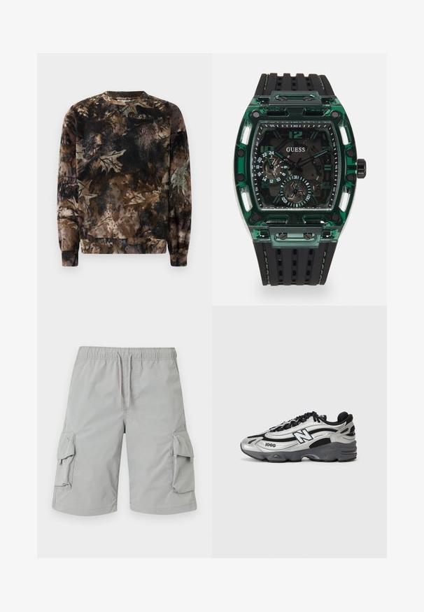 Brun camouflage-mønstret sweatshirt med rund hals, lange ærmer og ribbede manchetter, lavet af blødt, tekstureret stof.; Lys grå cargo shorts med elastisk talje, snorlukning og to store sidelommer. Glat, letvægtsstof.; Sølv- og sorte atletiske sko med mesh-overdel, polstret sål, snørebåndsdesign og brandingdetalje på siden.; Guess ur med en rektangulær grøn plastikramme, sort tekstureret gummirem og flere skiver med fedte tal og accenter.