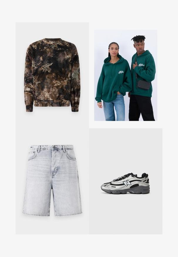 Pruun kamuflaažimustriga sviiter, millel on ümmargune kaelus, pikad varrukad ja soonikkoes mansetid, valminud pehmest tekstuurilisest kangast.; Heledensüsinest lühišortsid heledates hallides toonides, millel on veidi kulunud välimus. Omab viit taskut, vöölõikeid ja lukuga esi avamist koos nööpide sulgemisega.; Hõbedased ja mustad spordijalatsid, millel on võrgusilma ülemine osa, pehmendusega põhi, sidumisdisain ja külgjälje detail.; Rohelised kapuutsiga sviitrid, millel on ees taskud ja lahtine lõige. Ühel modellil on seljas mustad teksad, teisel on kaasas must ristseljakott.; Kuldsete toonidega käekell musta näo, kolme alam-kella ja kummist rihmaga, kantud valge pitsimustriga särk.