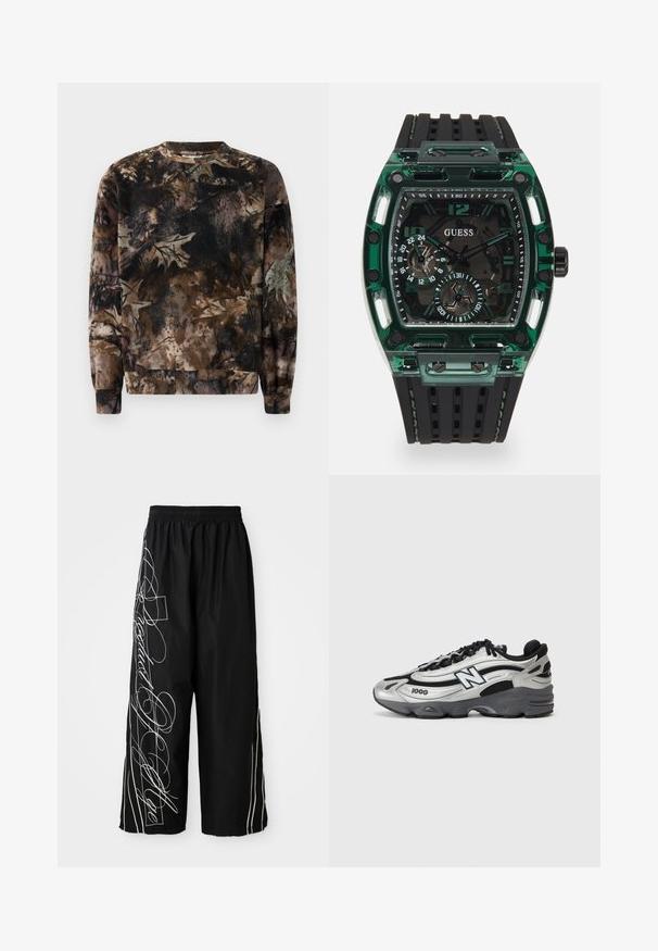Braun camouflage-musterter Pullover mit Rundhalsausschnitt, langen Ärmeln und gerippten Bündchen, gefertigt aus weichem, strukturiertem Stoff.; Schwarze, weite, knöchellange Hose aus leichtem Stoff. Mit weißen, gestickten Designs und Akzenten, die die Seiten entlang fließen. Elastischer Bund.; Silberne und schwarze Sportschuhe mit einem Obermaterial aus Netzgewebe, gepolstertem Sohlendesign, Schnürverschluss und seitlichem Branding-Detail.; Guess-Uhr mit einem rechteckigen grünen Kunststoffgehäuse, schwarzem strukturiertem Gummiband und mehreren Zifferblättern mit großen Zahlen und Akzenten.