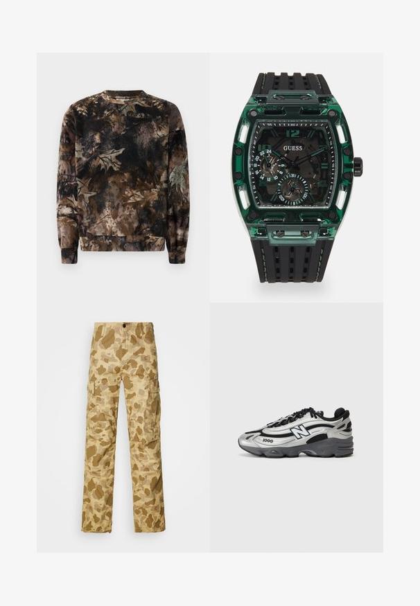 Sudadera marrón con patrón de camuflaje, con cuello redondo, mangas largas y puños acanalados, hecha de una suave tela texturizada.; Pantalones cargo beige con un patrón de camuflaje marrón claro, que cuentan con dos bolsillos laterales y un diseño de pierna recta. Tejido texturizado con líneas sutiles.; Zapatillas deportivas plateadas y negras con parte superior de malla, suela acolchada, diseño de cordones y detalle de marca en el costado.; Reloj Guess con caja rectangular de plástico verde, correa de goma texturizada negra y múltiples esferas con números y acentos en negrita.