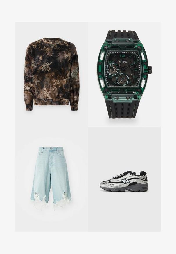 Svetra s kamuflažnim vzorcem v rjavi barvi, s krožnim izrezom, dolgimi rokavi in rebrastimi manšeti, izdelana iz mehkega, strukturiranega blaga.; Svijetloplavi traper šorts s visokim strukom, s ispucalim dijelovima i razderanim rubovima. Dizajniran s pet džepova i klasičnim kopčanjem na dugme.; Srebrni in črni športni čevlji z mrežastim zgornjim delom, oblazinjeno podplatom, vezanjem in podrobnostmi blagovne znamke na strani.; Ura Guess z značilnim pravokotnim zelenim plastičnim ohišjem, črnimi teksturiranimi gumijastimi trakovi in več prikazovalniki z izrazitimi številkami in akcenti.