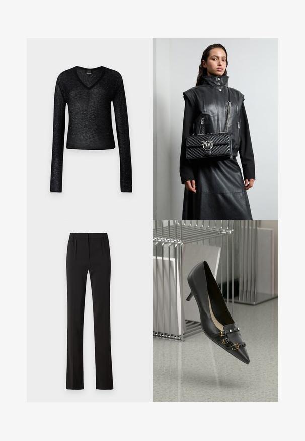 Pinko SALOMONE - Vesta - nero limousine; Crne krojene hlače s ravnim nogavicama, s dva prednja naborana dijela i glatkom teksturom tkanine. Nema vidljivih džepova ili hardvera.; Crna kožna visoka potpetica s šiljastim reperima, koja ima dva remena s zlatnim kopčama i crnim studovima. Glatka tekstura i elegantan dizajn.; Crna kožna prsluk s visokim ovratnikom, zatvorenim džepovima i crnom kviltanom torbicom s srebrnim detaljima, uparen s dugom crnom suknjom.