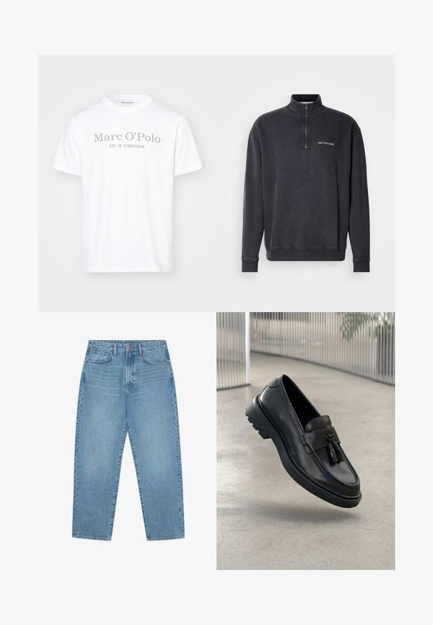 Quarter-zip genser i mørkegrått bomullsblanding. Har ribbet krage og mansjetter, med en liten hvit logo på brystet. Glatt tekstur.; Hvit bomulls t-skjorte med rund hals, korte ermer og grå trykt tekst som leser "Marc O’Polo EST. IN STOCKHOLM."; Lyseblå jeans i denim med rett ben, fem-lommers design og en lett falmet tekstur. Har knappe- og glidelåslukking.; Svarte skinnloafers med jevn finish, dekorativ dusk, tykk gummisåle og syede detaljer. Lettvektig og elegant design.