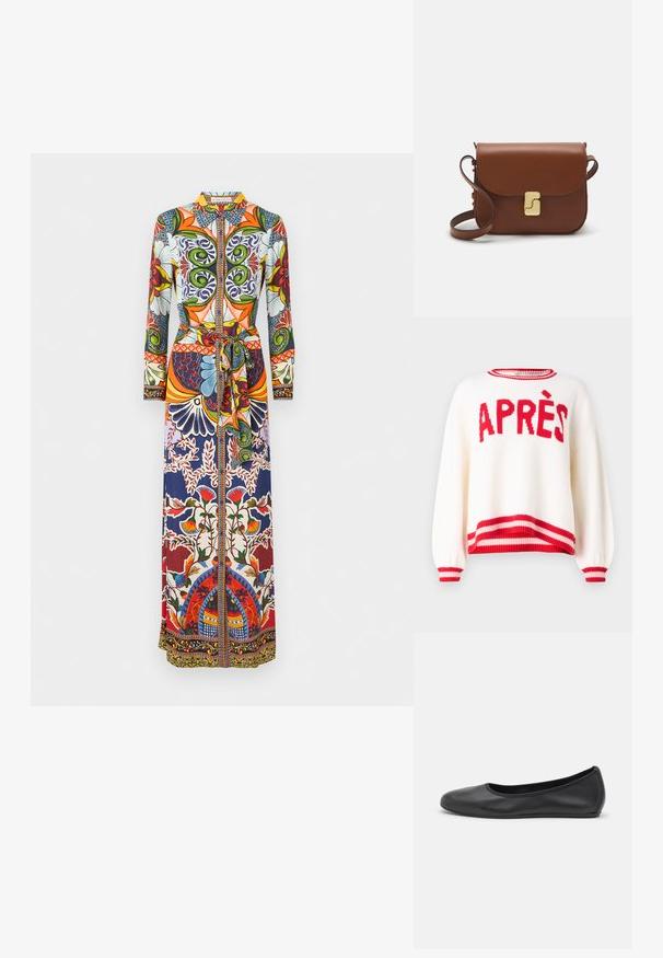 Krémový sveter s nadrozmerným strihom, červeným textom "APRÈS" a pruhovanými červenými a ružovými rebrovanými manžetami a spodným lemom. Pletená textura a uvoľnené rukávy.; Maxi šaty s golierom a dlhými rukávmi. Vyznačujú sa živými, mnohofarebnými kvetinovými a geometrickými vzormi. Pás na viazanie a zips na zapínanie.; Čierne kožené baleríny s okrúhlou špičkou, hladkým povrchom, minimálnym prešívaním a flexibilným dizajnom podrážky.; Hnedá kožená kabelka s klopou, zlatými kovovými prvkami, ramenným popruhom a hladkým povrchom. Kompaktný obdĺžnikový tvar.