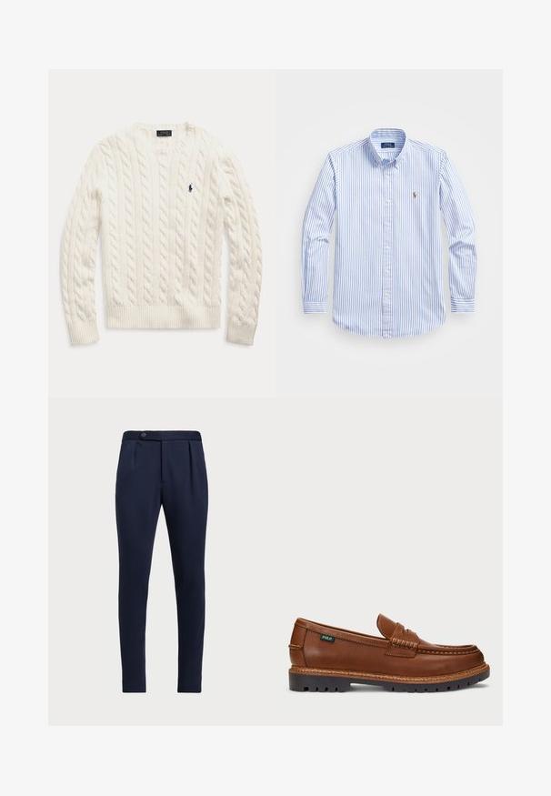 Hvit kabelstrikket langermet genser med ribbestrikkede mansjetter og hem, med et lite marineblått brodert Polo Ralph Lauren-logo på brystet.; Lyseblå og hvitstripet skjorte med knapper, klassisk krage, lange ermer og en liten brodert logo på brystet.; Marineblå skreddersydde bukser med flat front, to frontfolder og en enkelt knappelukking, med et glatt, teksturert stoff.; Brune lærloafers med dekorativ søm og teksturert tå. Sålen har et robust design som tilbyr godt grep og holdbarhet.